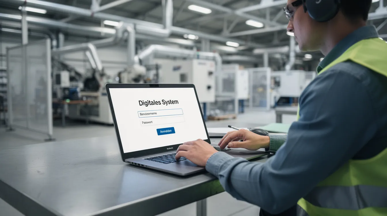 Eine Person sitzt an einem Laptop-Arbeitsplatz in einer Industrieumgebung und loggt sich in ein digitales System ein, um Schichtpläne für die Mitarbeitenden zu verwalten. Der Fokus liegt auf der Nutzung von Softwarelösungen wie Shyftplan zur Optimierung der Personaleinsatzplanung und zur Steigerung der Mitarbeiterzufriedenheit.