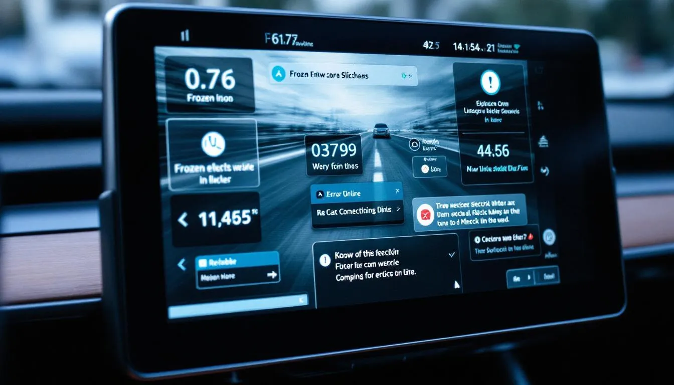 A screenshot of software glitches in a car's dashboard display, illustrating recurring software issues.