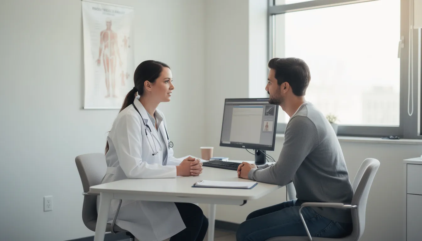 A healthcare professional in a white coat is engaged in a consultation with a patient in a modern medical office, discussing various health benefits, including the effects of resveratrol supplements on cardiovascular risk factors and insulin sensitivity. The professional appears attentive and informative, emphasizing the importance of dietary supplements for overall health.