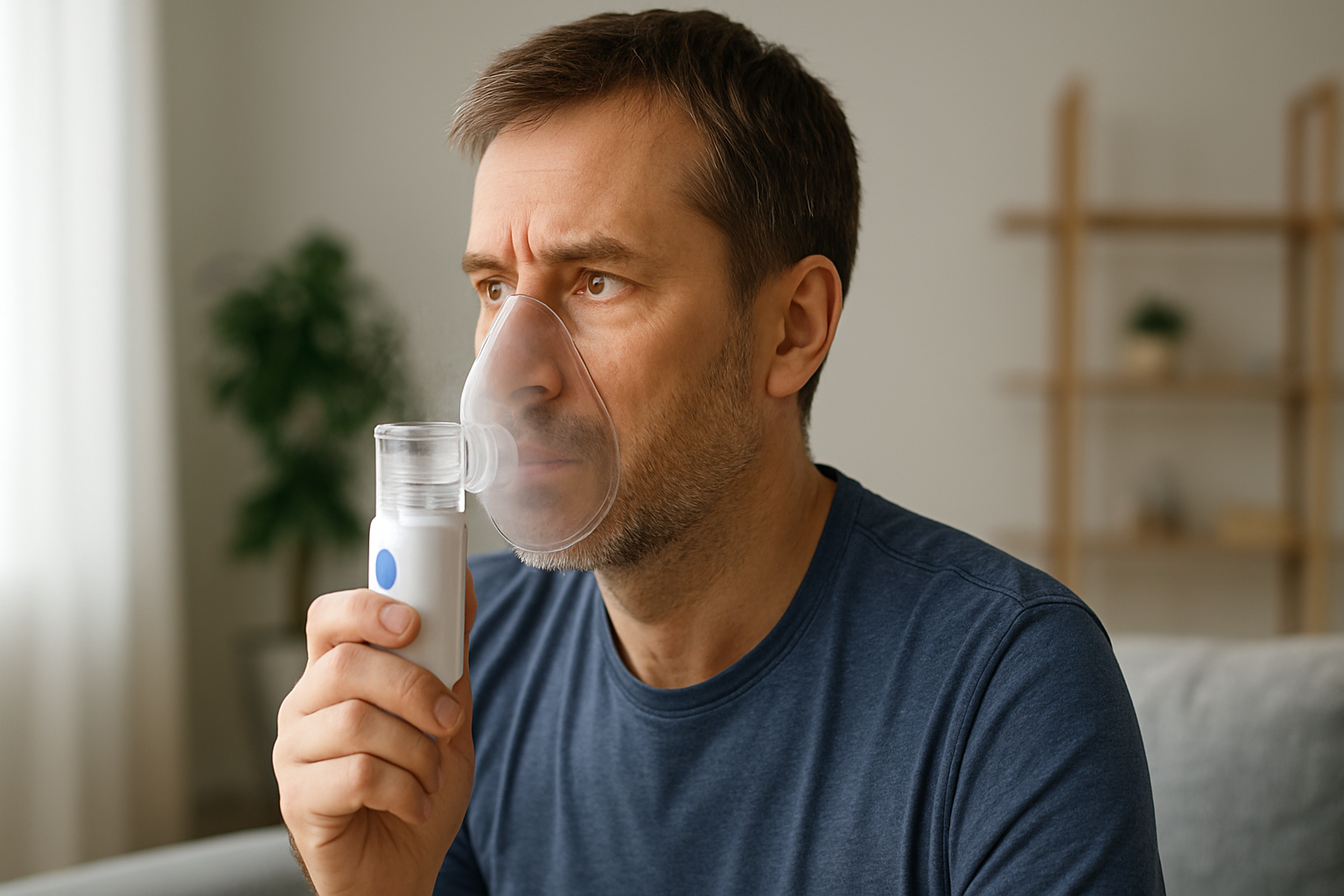 Mann bruker forstøvermaske hjemme for å lindre symptomer ved astma eller KOLS.