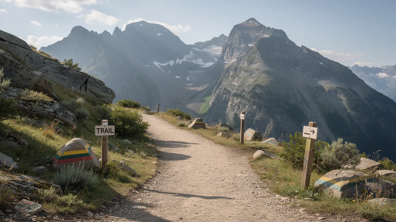The image depicts a clear hiking trail winding through rugged mountain terrain, marked by visible path markers that guide hikers along their journey. This scene symbolizes the importance of strategic planning and clear direction in achieving long-term objectives, much like how a well-defined path helps navigate challenges in the business landscape.