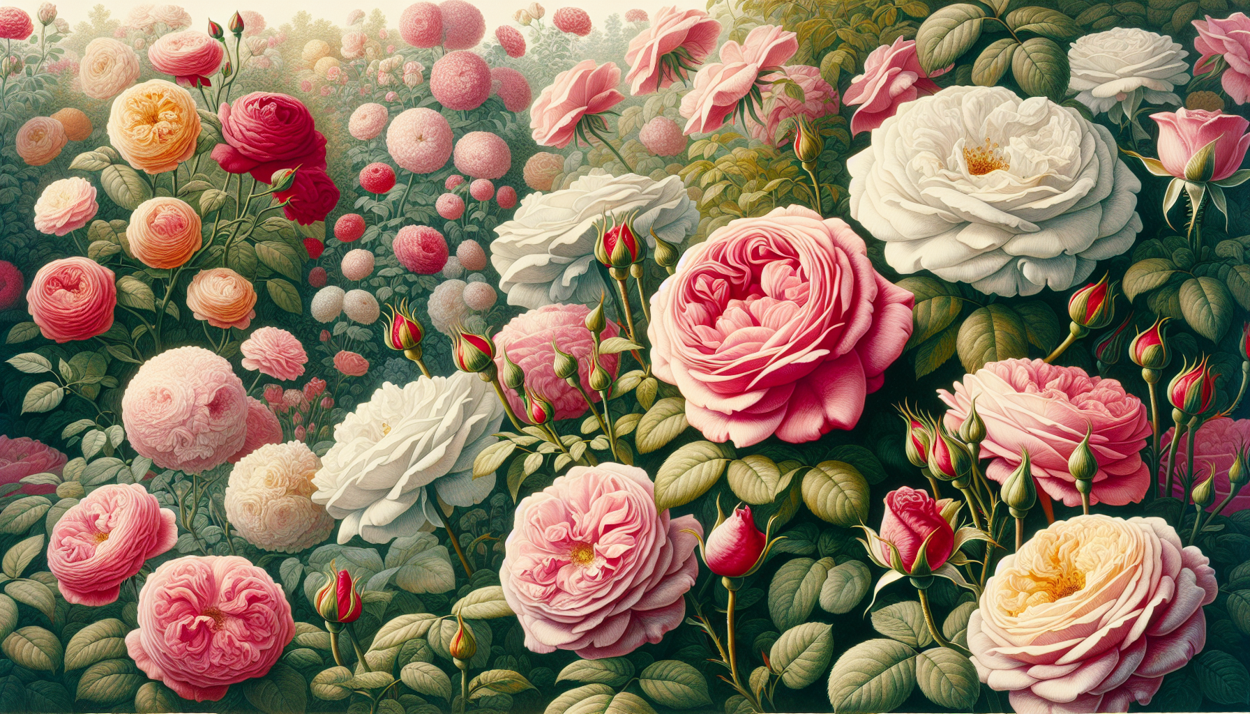 Illustration of various types of roses including rosa centifolia