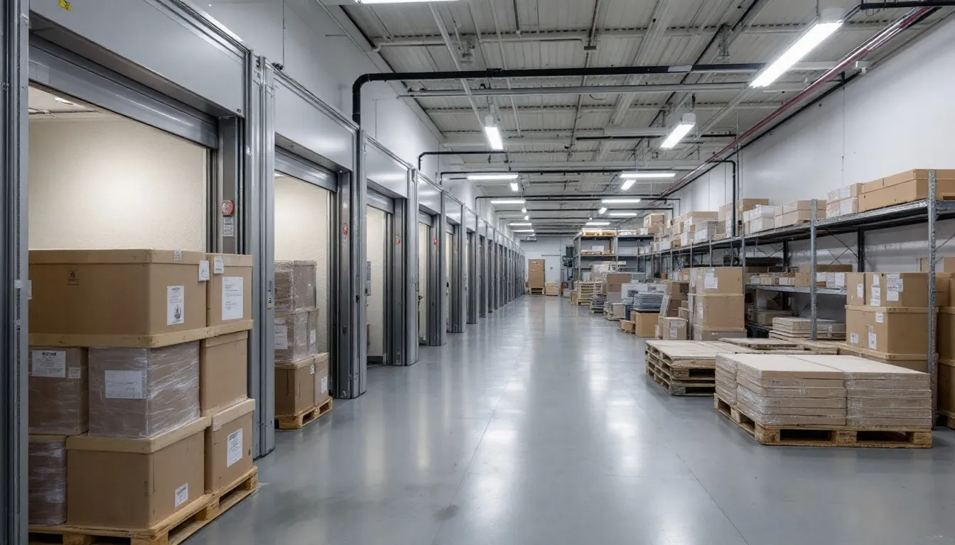 Na zdjęciu znajduje się profesjonalna placówka do przechowywania i transportu dzieł sztuki, w której starannie zapakowane obrazy i rzeźby czekają na bezpieczny transport. W tle widoczne są opakowania, które zapewniają ochronę cennych obiektów w trakcie ich przewozu.