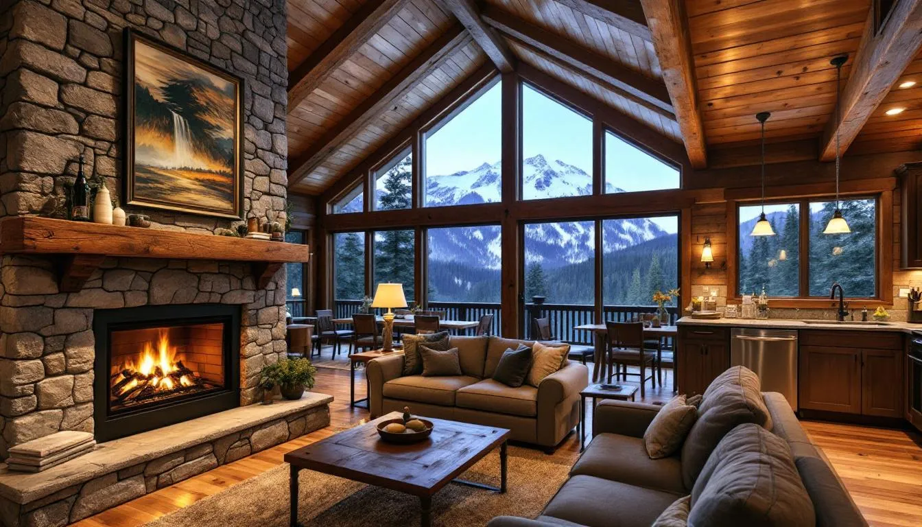 The image depicts a cozy mountain lodge room featuring a warm fireplace, a fully equipped kitchen, and large windows offering stunning views of the surrounding mountains. This inviting space is perfect for relaxing after a day of skiing at Brian Head Resort or exploring the beautiful landscapes of Southern Utah.