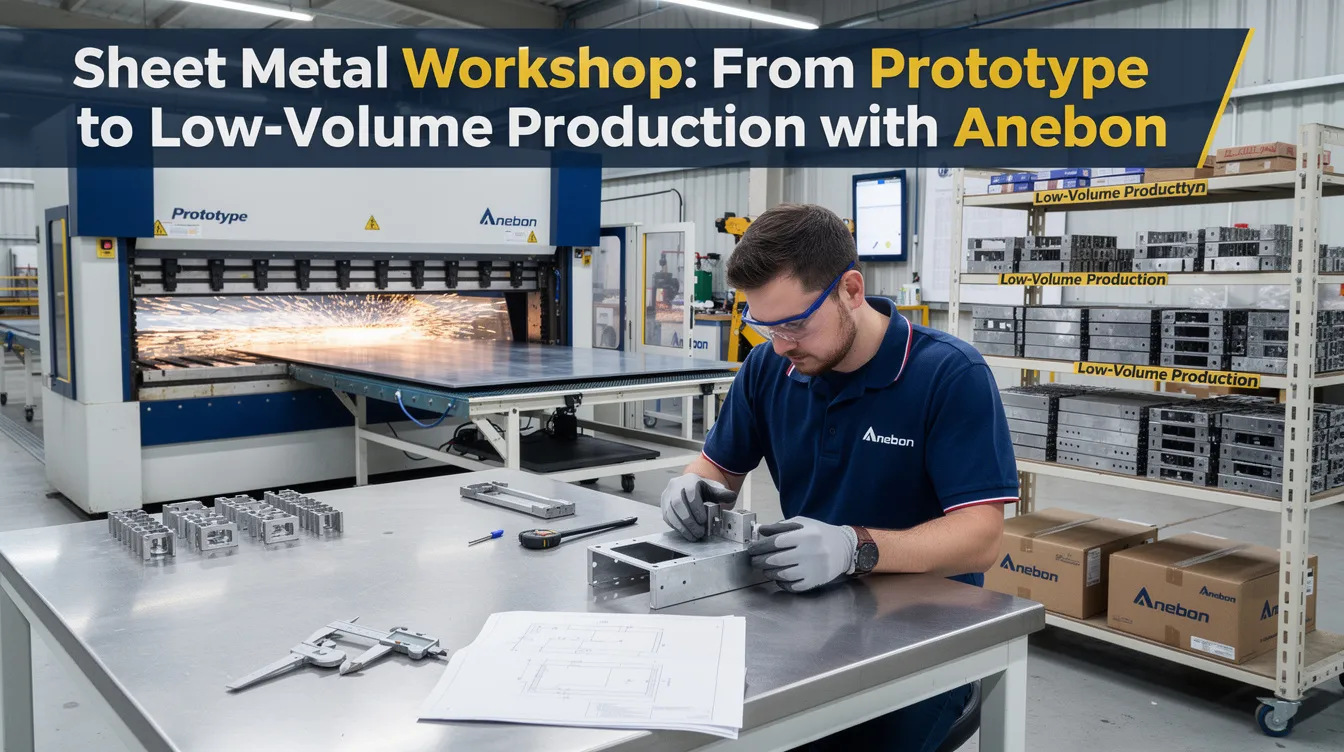 The image depicts a busy sheet metal workshop where skilled workers are engaged in the sheet metal fabrication process, utilizing machinery for laser cutting and spot welding to create precise metal parts from materials like carbon steel and aluminum. Various sheet metal components, including assemblies and enclosures, are being formed and prepared for low-volume production, showcasing the workshop's capabilities in quality metal fabrication and project management.