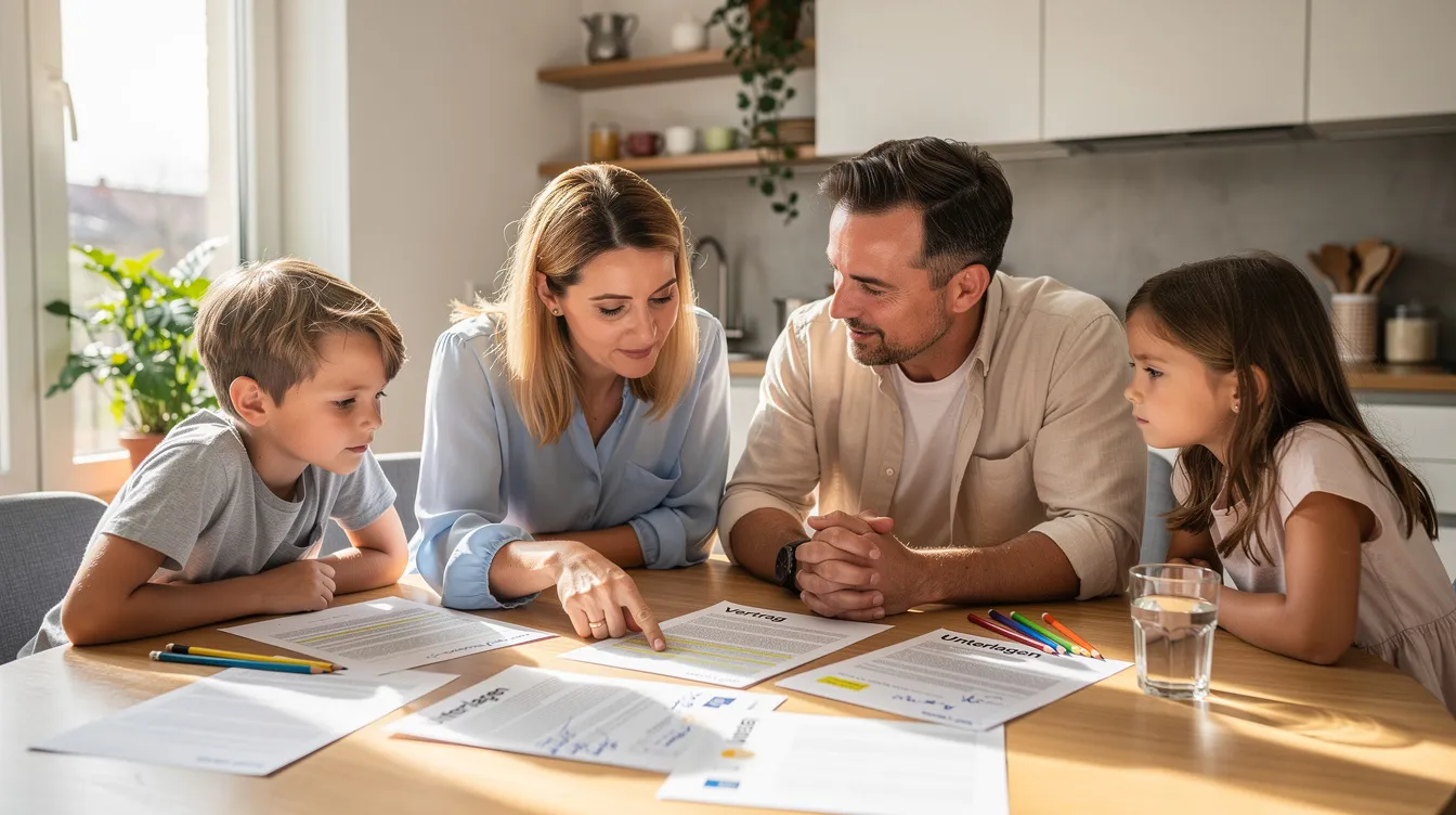 Eine Familie sitzt gemeinsam am Küchentisch in einer hellen Wohnung und betrachtet Unterlagen, die Informationen zum Antrag auf Wohngeld und zu den Einkommensgrenzen enthalten. Auf dem Tisch liegen verschiedene Dokumente, die sich mit den Wohnkosten und dem Anspruch auf Wohngeld befassen.