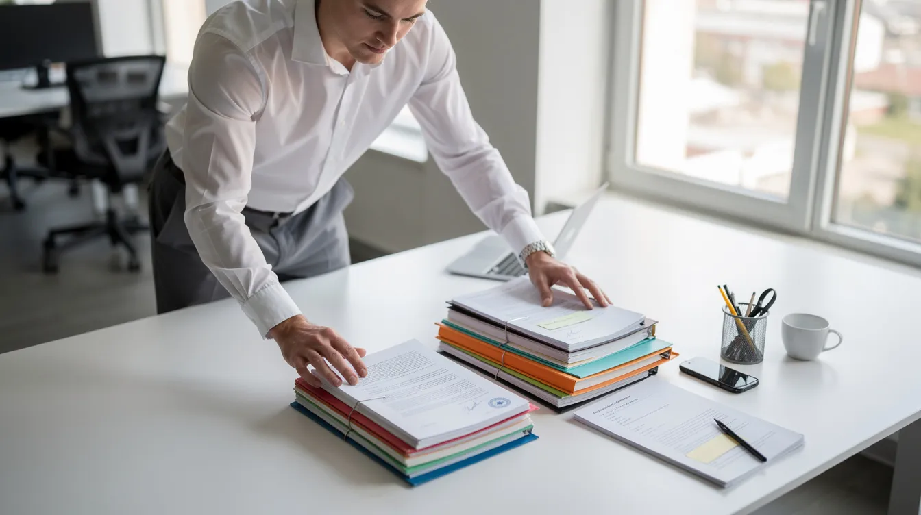 A young professional is meticulously organizing stacks of official documents and folders on a clean table, preparing for the visa application process to work in Spain. The scene highlights the importance of having all required documents, such as the signed employment contract and valid passport, in order to ensure a smooth application at the Spain visa application center.