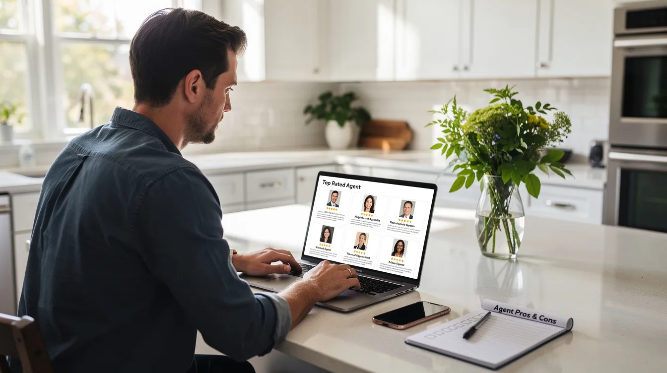 A home buyer sits in a bright kitchen, focused on comparing profiles of real estate agents on a laptop. The scene captures the importance of using real estate websites to find the right professionals to assist in the home buying process.