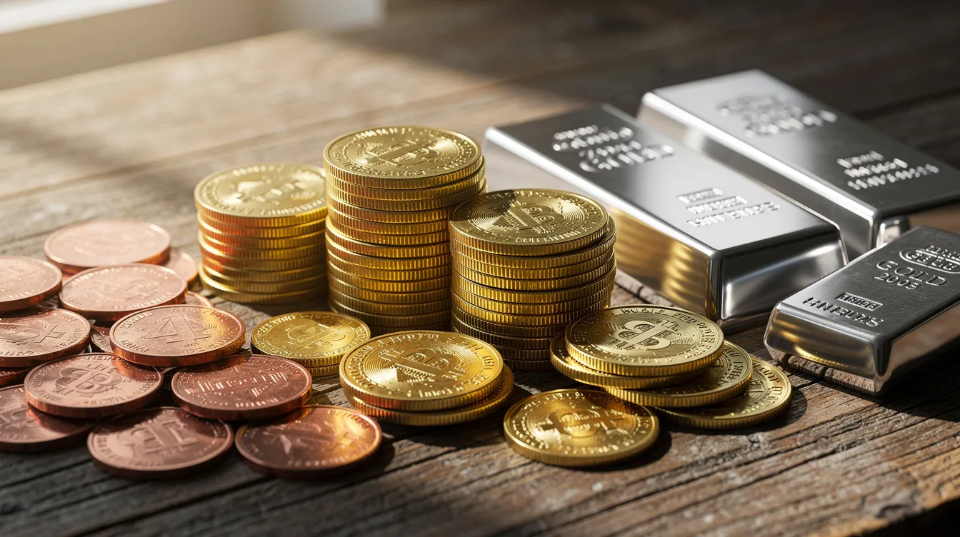 Gold coins, silver bars, and copper rounds arranged on a wooden table