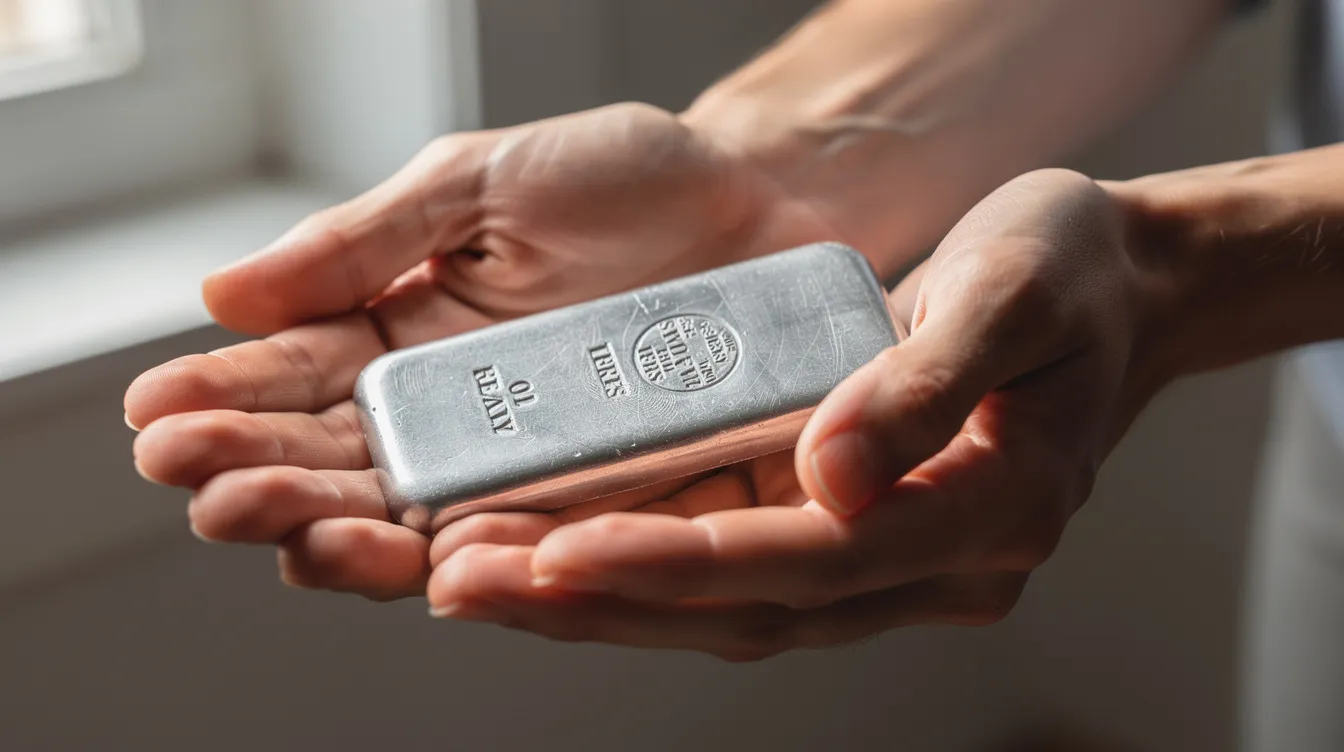 Hands examining a ten-ounce silver bar