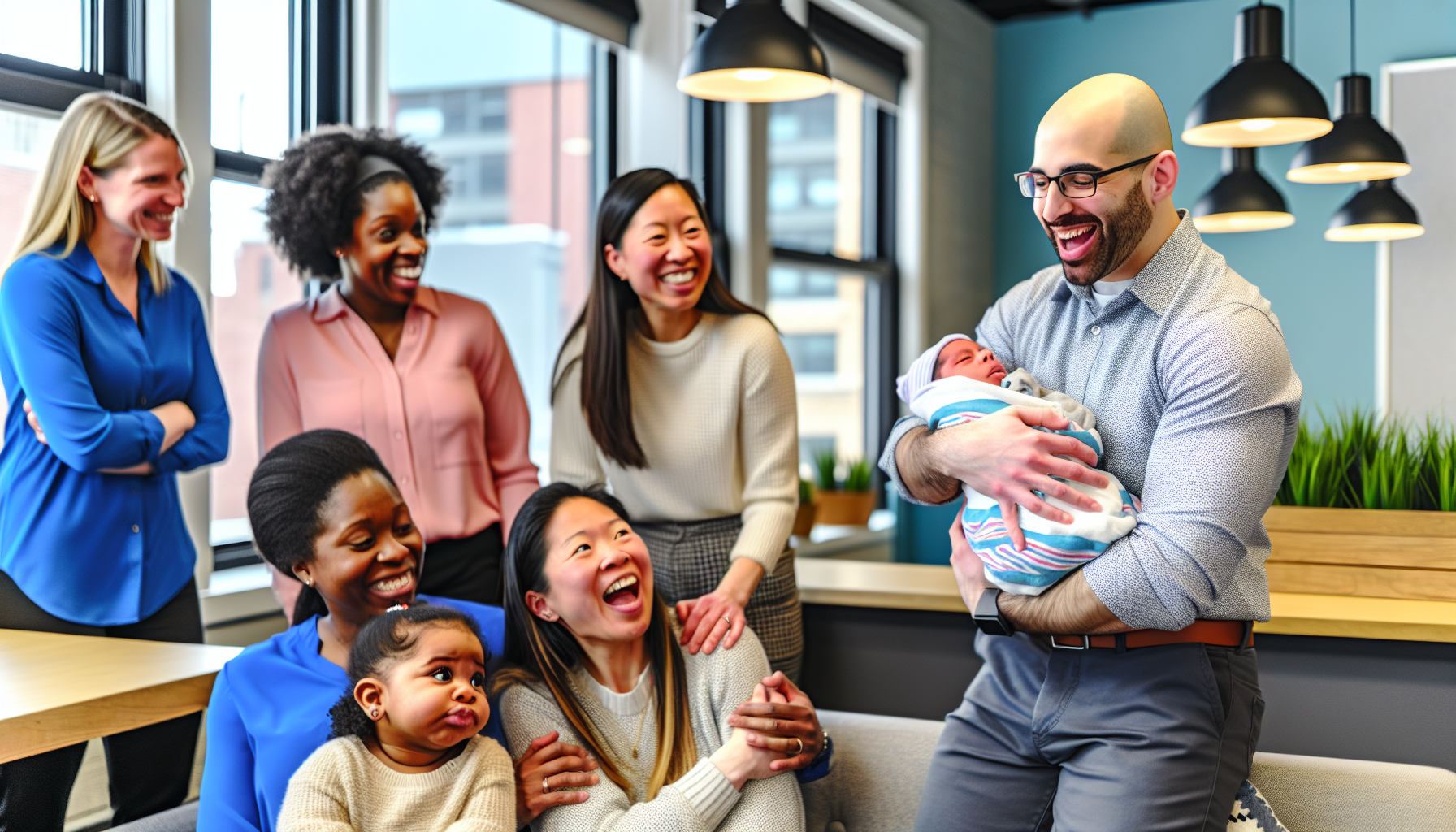 A new parent holding a baby with colleagues offering support in Oshkosh, WI