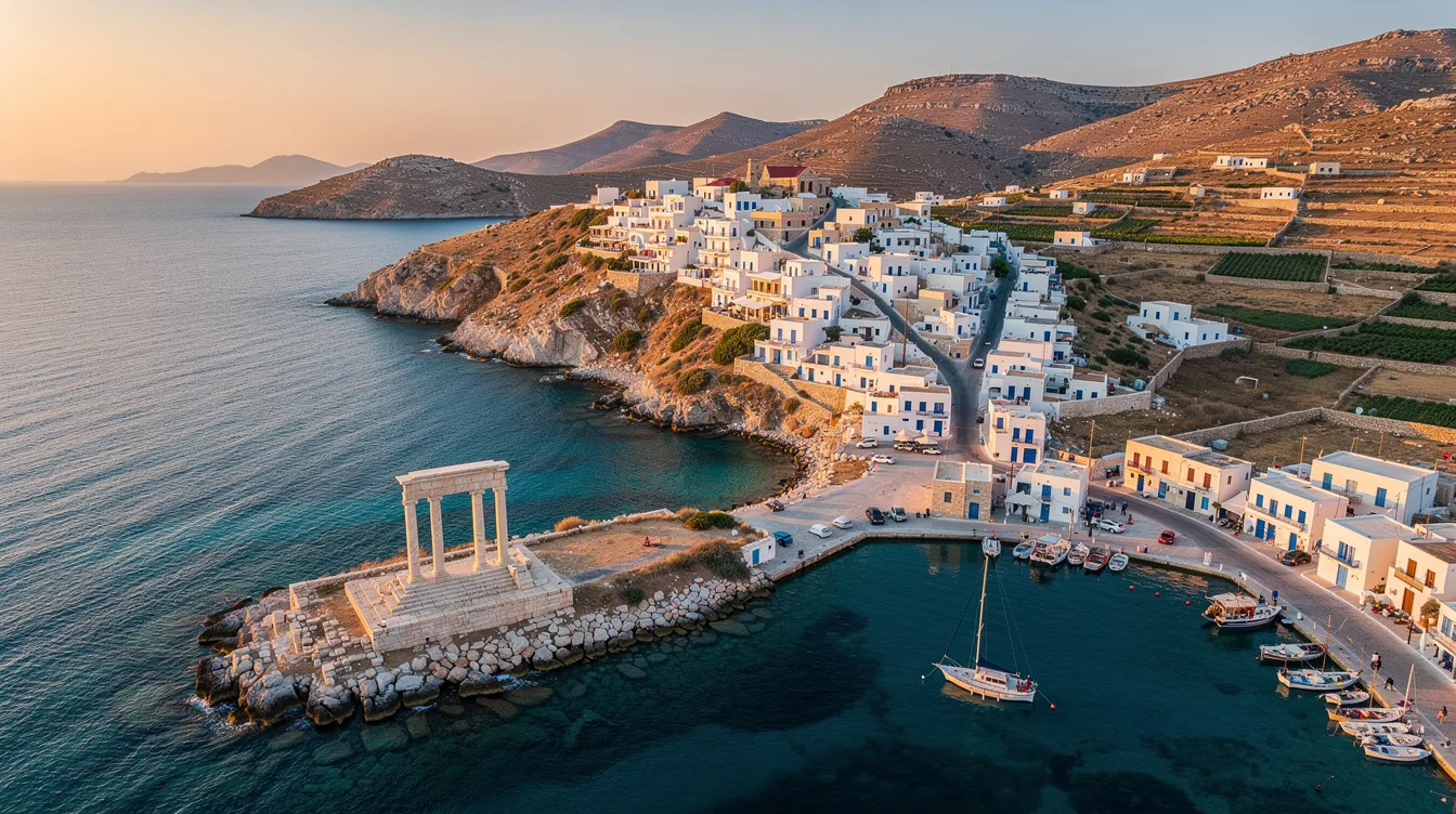 Imagem da ilha de Naxos, na Grécia, mostrando um cenário deslumbrante com suas praias de areia fina e águas cristalinas do mar Egeu. Ao fundo, pode-se ver um hotel acolhedor, ideal para viajantes que buscam uma estadia relaxante e cheia de cultura grega.