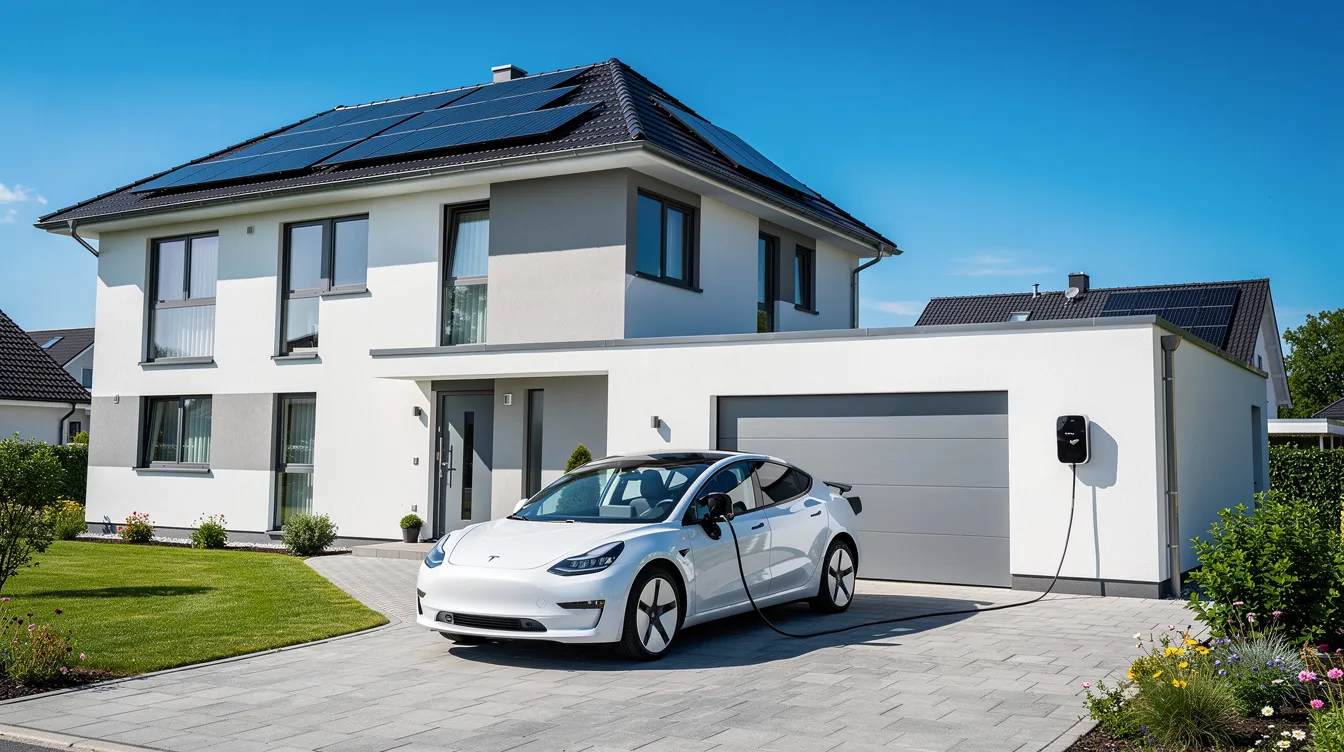 Ein Einfamilienhaus mit Solarpanels auf dem Dach steht unter einem blauen Himmel, während ein Elektroauto in der Einfahrt an einer Wallbox geladen wird. Diese Szene verdeutlicht die Nutzung von e Mobilität und die Vorteile der Installation einer Ladestation zuhause.