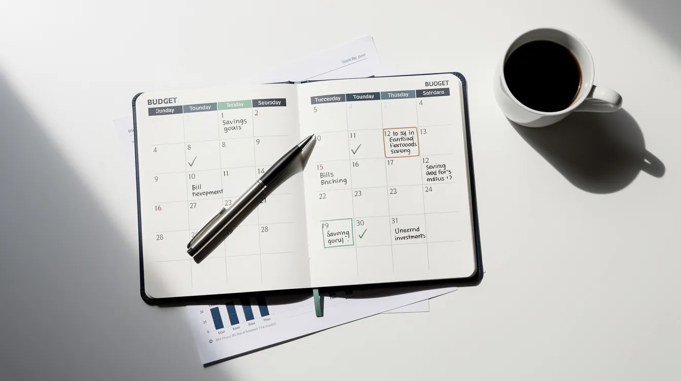 A calendar planner sits on a clean desk alongside a pen and a coffee cup, symbolizing the organization and focus needed for financial planning. This setup suggests a productive environment for managing tasks related to loans and budgeting, such as "免 tu 貸款" and "申請 貸款."