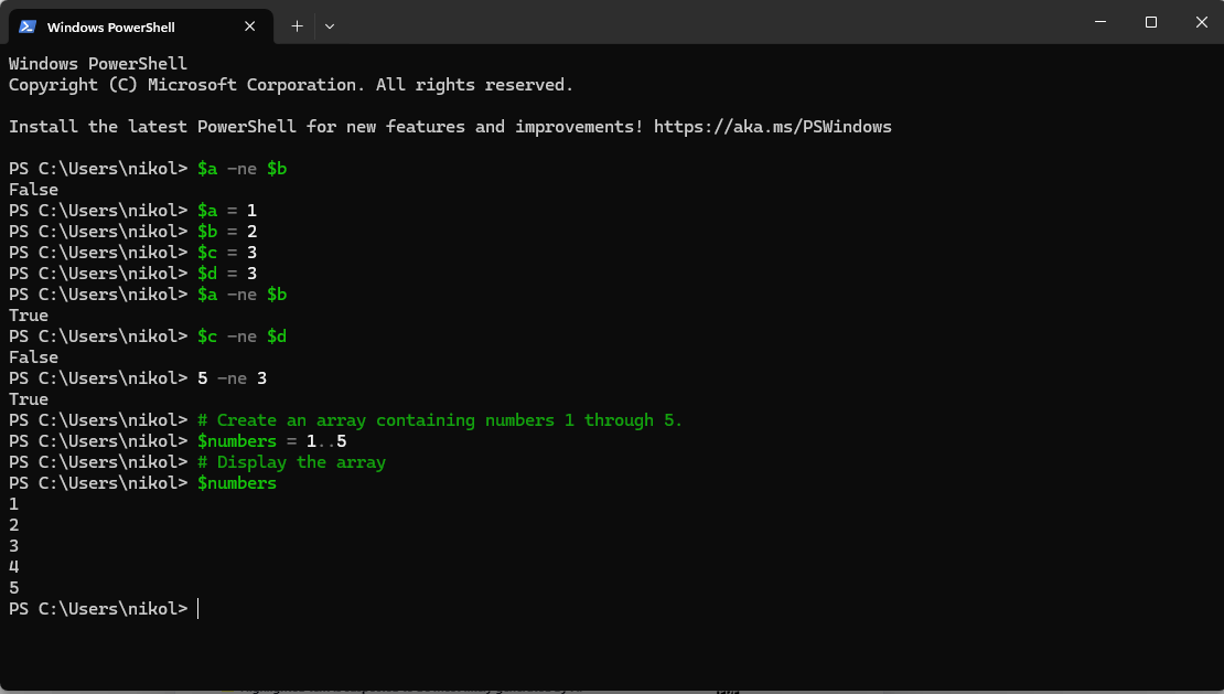 A PowerShell Command Prompt showing a comment and the function "$numbers = 1..5"