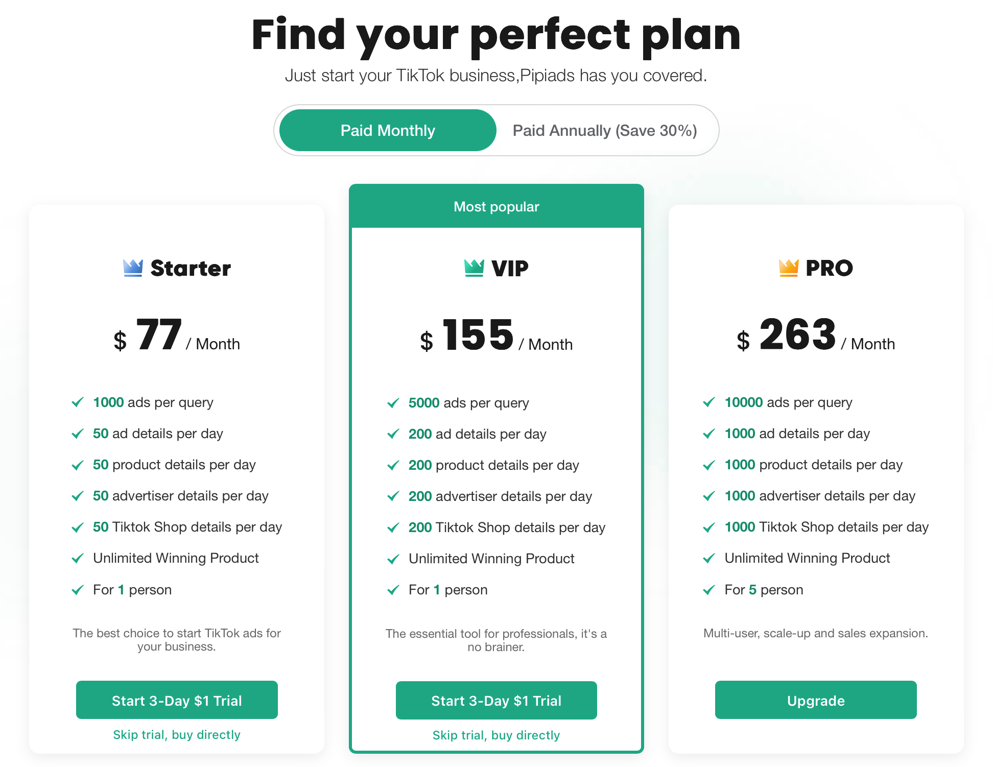 tiktok spy tool - pricing plans 