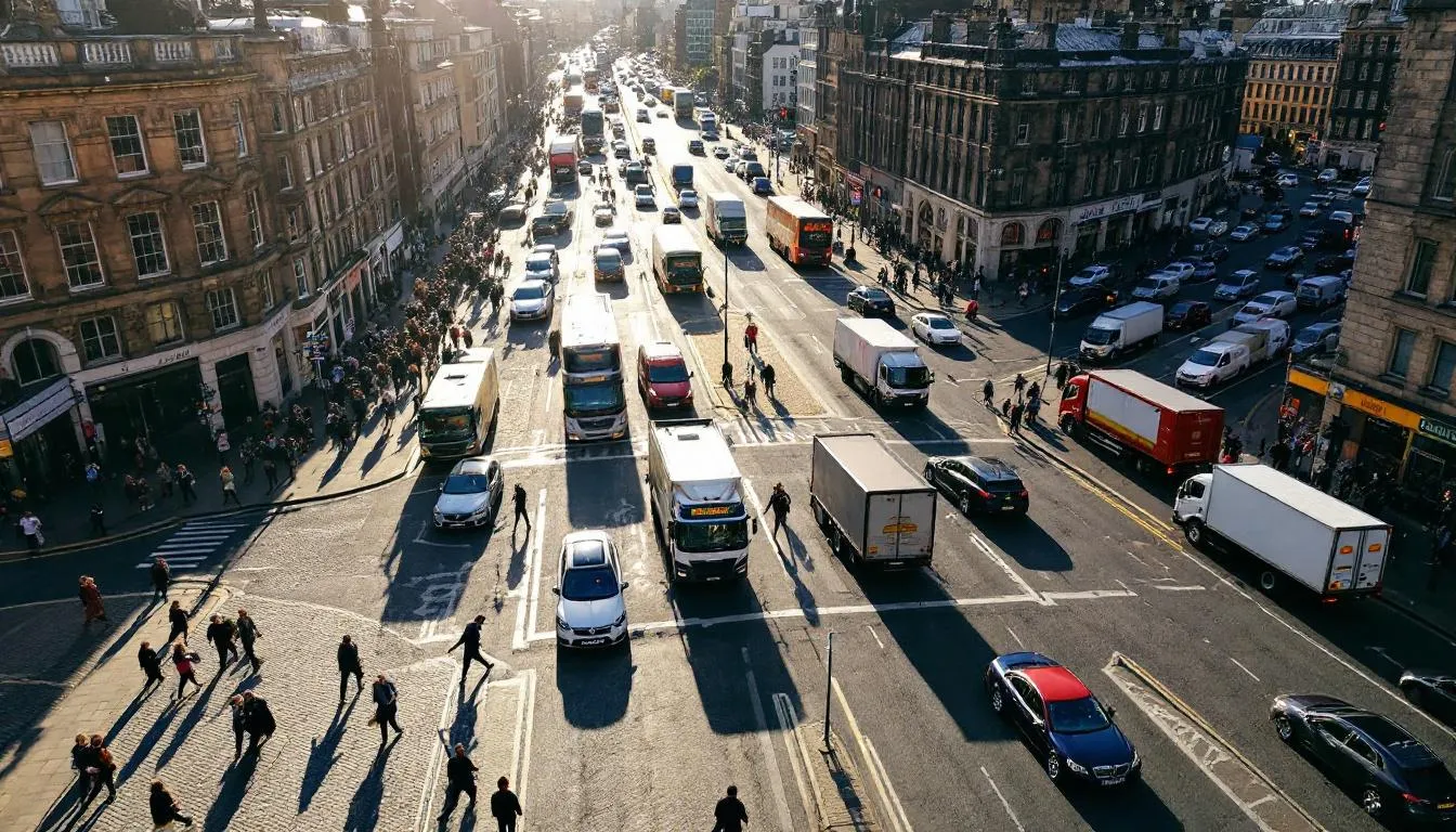The image depicts a busy intersection in Edinburg, Texas, filled with various commercial vehicles and cars navigating through traffic. This bustling scene highlights the importance of personal injury attorneys in the area, as accidents can occur in such crowded environments, making legal representation crucial for accident victims seeking compensation for their injuries.