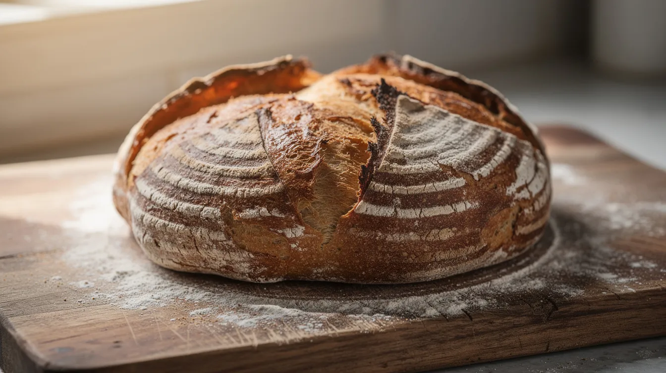 A freshly baked round sourdough loaf sits on a wooden cutting board, showcasing a deeply scored, golden brown crust lightly dusted with flour. The loaf, with its rustic appearance, represents the art of baking sourdough bread, inviting you to enjoy its homemade warmth and flavor.