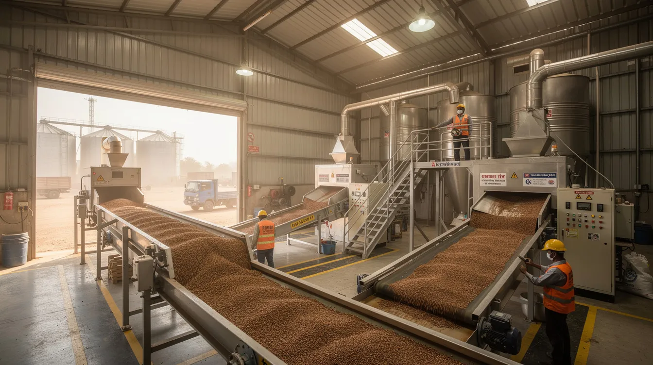 The image depicts a modern industrial pulse cleaning plant in India, featuring conveyor belts and grain silos, designed for efficient cleaning and grading of various seeds and pulses. This advanced seed processing plant showcases key features such as dust collectors and grading machines, ensuring the removal of light impurities and maintaining high product quality to meet customer demand.