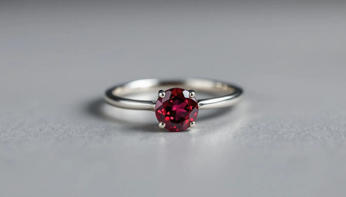 This image showcases elegant garnet jewellery set in white gold, featuring a stunning statement ring and matching garnet earrings. The rich deep red hues of the garnets, known as the January birthstone, beautifully contrast with the lustrous white gold, creating a timeless combination perfect for any occasion.