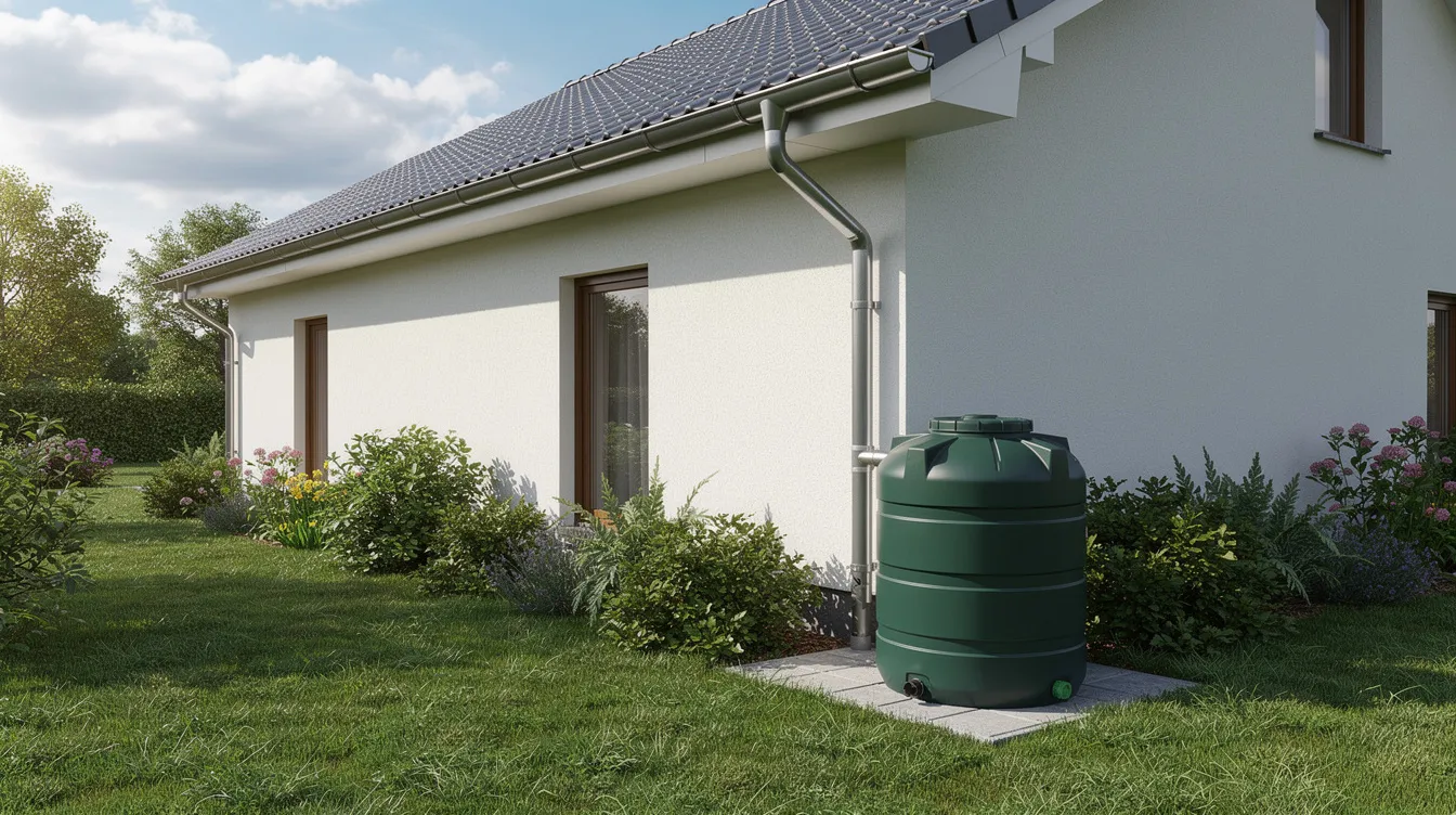 Une maison individuelle est visible, avec une gouttière raccordée à un récupérateur d'eau de pluie, situé dans un jardin verdoyant. Cette installation permet de récupérer l'eau de pluie pour l'arrosage et d'autres usages domestiques, contribuant ainsi à la gestion durable de l'eau.