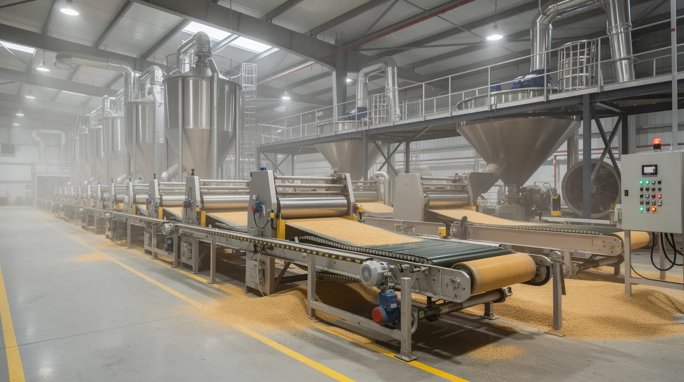 The image depicts a large industrial grain milling facility featuring conveyor belts and metal hoppers, essential for the production of ethanol and distillers grains, such as corn ddgs and wheat ddgs, used in animal feed for livestock, poultry, and aquaculture industries. This equipment plays a crucial role in the ethanol production process, contributing to the supply of high protein feed ingredients in the animal feed market.