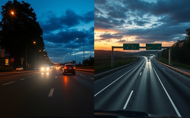 A split image of a car high beam in off roads vs switching to low beam in interstate driving