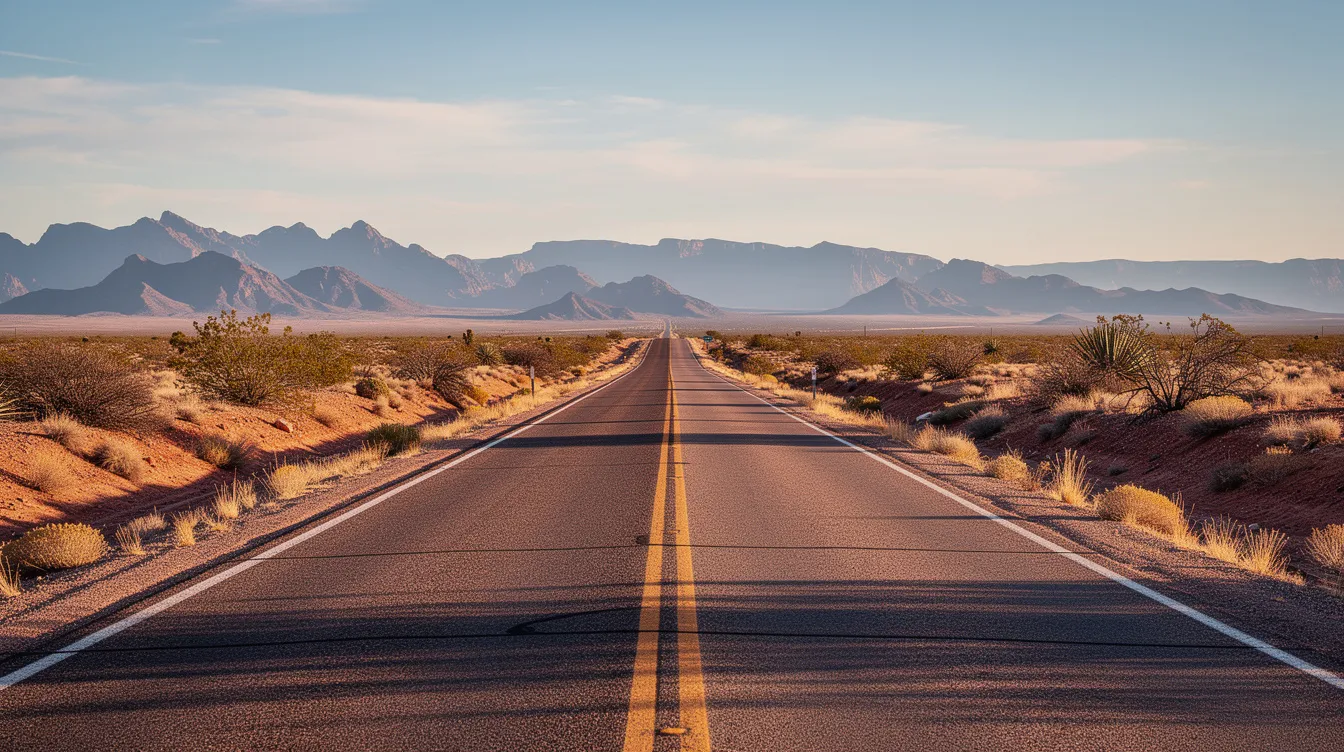 A scenic New Mexico highway surrounded by a vast desert landscape and distant mountains, serving as a reminder of the importance of understanding New Mexico's comparative negligence laws in the context of car accidents and personal injury claims.