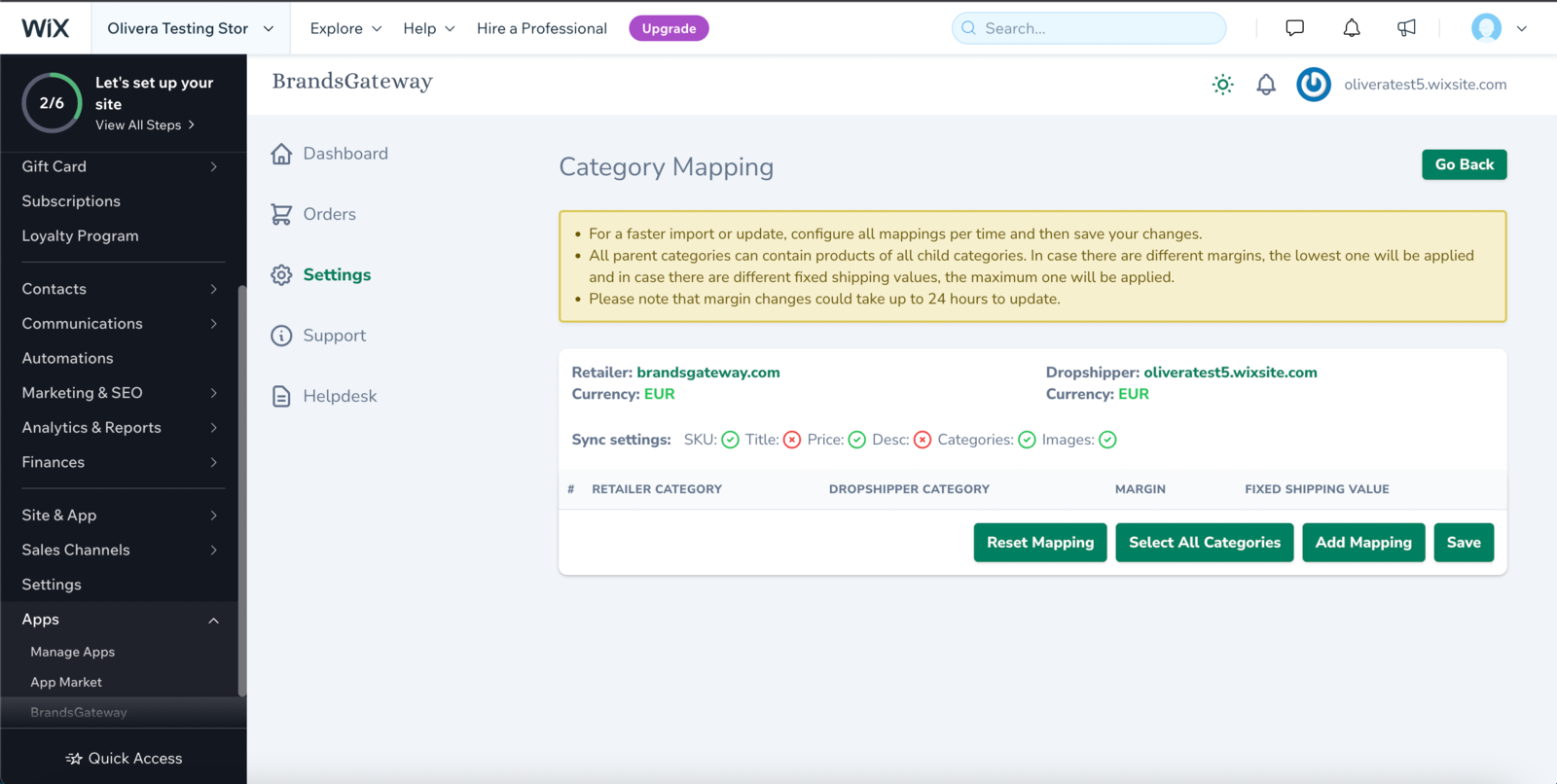 wix category mapping