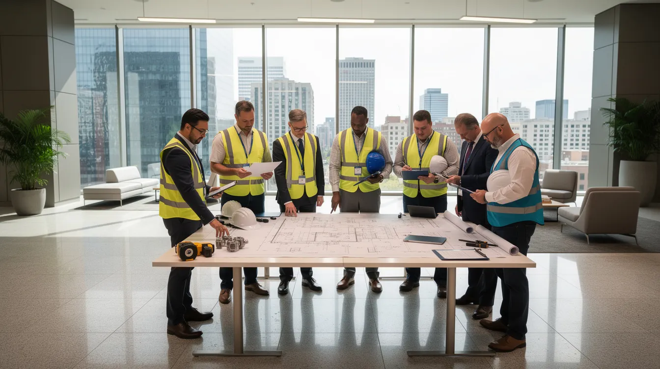 A diverse team of building maintenance workers and engineers is gathered in a modern commercial building lobby, collaboratively reviewing blueprints and equipment plans. This teamwork is crucial for ensuring compliance with NYC building regulations and safety standards, which helps property owners manage compliance risks and avoid costly penalties.
