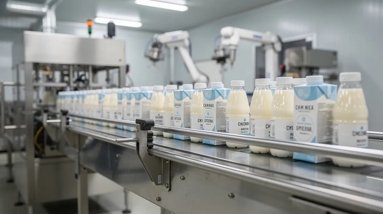 The image shows packaged dairy beverages moving along a stainless steel conveyor belt in a modern automated filling and packaging line, highlighting the efficiency of the dairy processing industry. This setup ensures that pasteurized and homogenized milk products maintain high quality and extended shelf life while adhering to food safety standards.