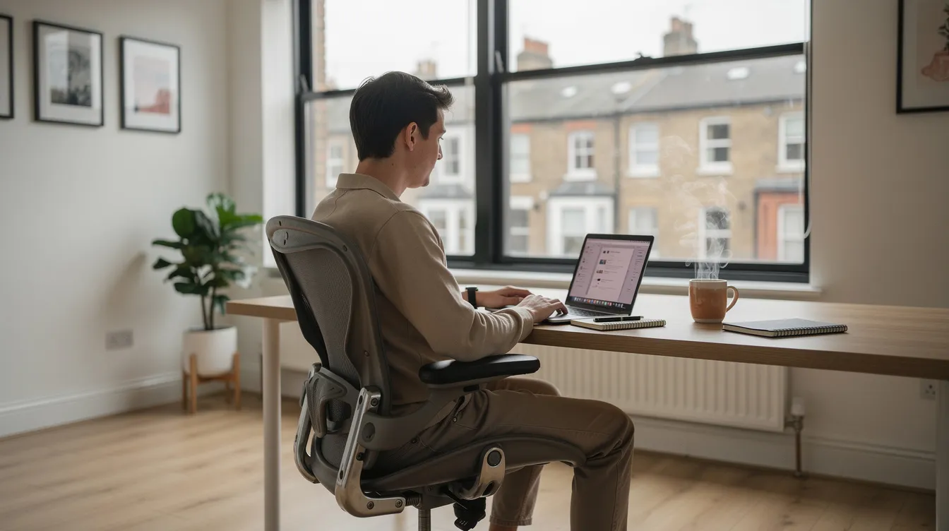 A person is sitting at a modern desk in a UK apartment, working on a laptop while enjoying a cup of tea. The setting suggests a comfortable environment for activities such as online banking, including opening a bank account or managing a digital account for overseas Pakistanis.