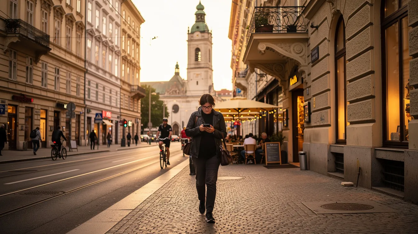 Eine Person geht durch die Straßen Wiens und nutzt dabei ihr Smartphone, um Informationen über Tarife und Angebote für eine Prepaid-SIM-Karte in Österreich zu überprüfen. Die Umgebung ist lebhaft und urban, während die Person in ihre Handy-App eintaucht, um die besten Möglichkeiten für mobiles Internet zu finden.