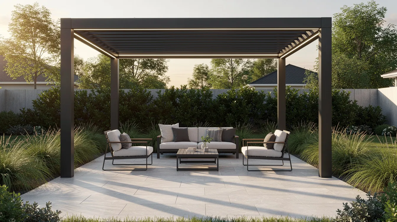 The image showcases a beautifully designed outdoor space featuring a metal pergola, enhancing the existing landscape of a dream yard. This elegant structure adds a stylish element to the garden design, creating a perfect area for relaxation and entertainment.