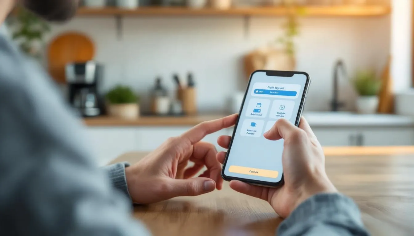 En person använder en smartphone för att göra en onlinebetalning, där olika digitala betalningsalternativ syns på skärmen. Bilden visar hur lätt det är att spela på utländska casinon med hjälp av moderna betalningsmetoder.