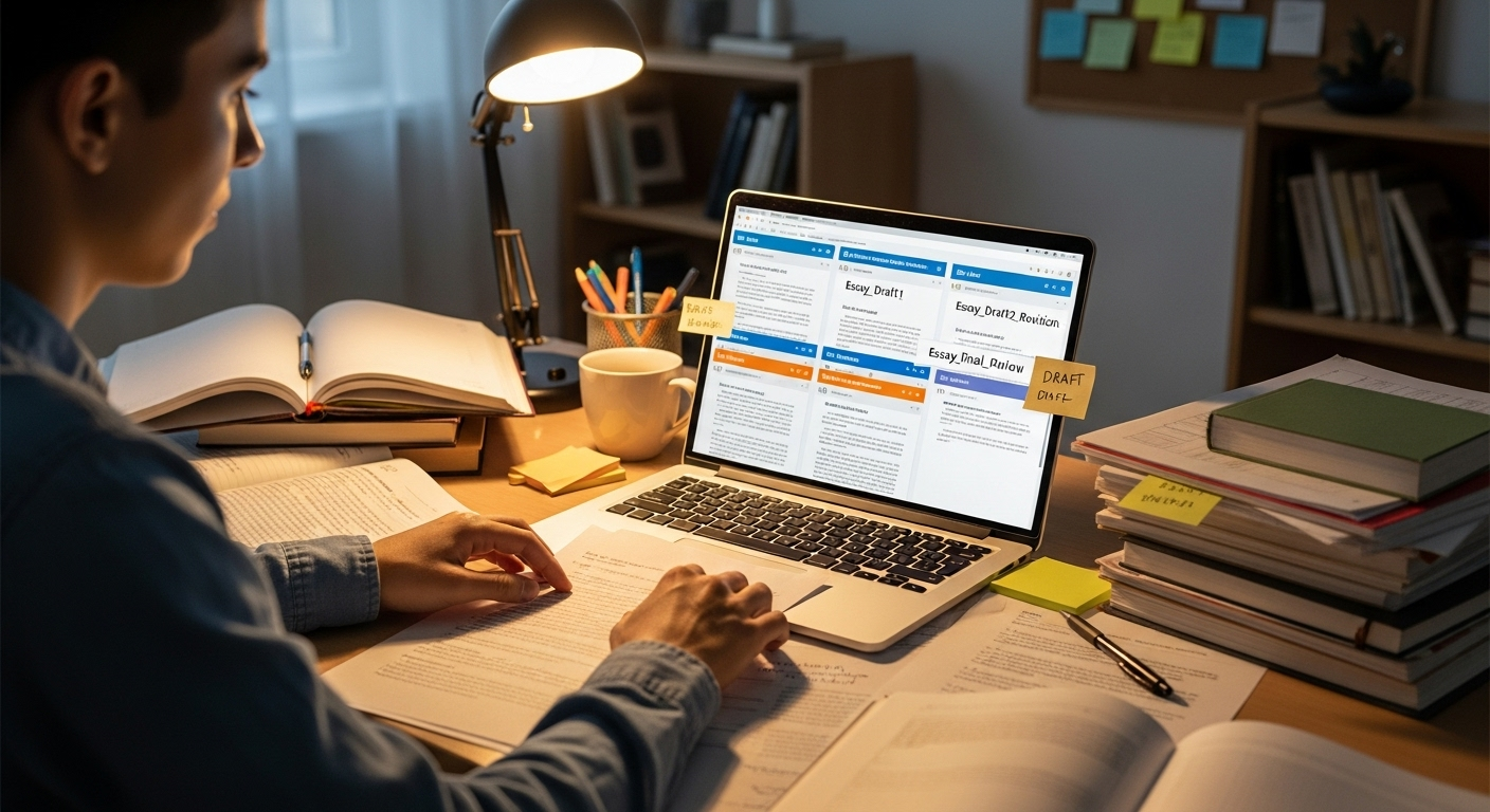 Student saving multiple draft versions to document writing process and authorship.