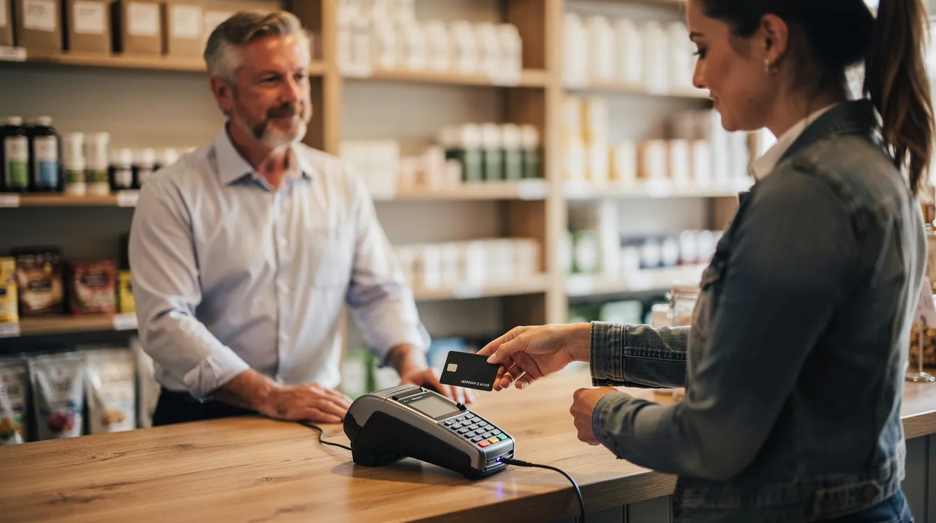 The image depicts a retail store owner standing at the counter, engaging with a customer who is about to slide a credit card into the card reader to complete their purchase. This scene captures the everyday interactions of small business owners in a retail environment, reflecting the importance of smooth payment processes in their business practices.
