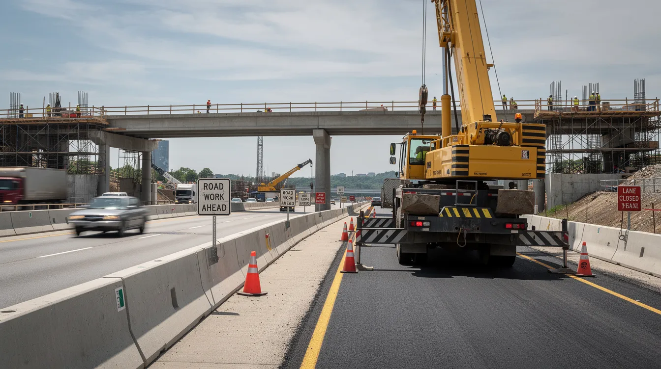 A mobile crane is positioned on a busy highway construction site, surrounded by traffic barriers and ongoing infrastructure work. The scene highlights the importance of proper training and certification for mobile crane operators to ensure safety and compliance in construction projects.