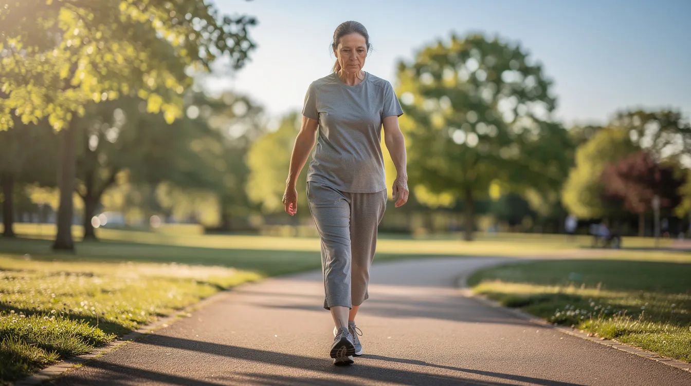The image shows a person walking slowly on a sunny outdoor path, reflecting a moment of recovery after undergoing a Brazilian butt lift procedure. The individual appears to be mindful of their pace, likely wearing a compression garment as part of their post-operative care, which is essential for safe recovery following cosmetic surgery.