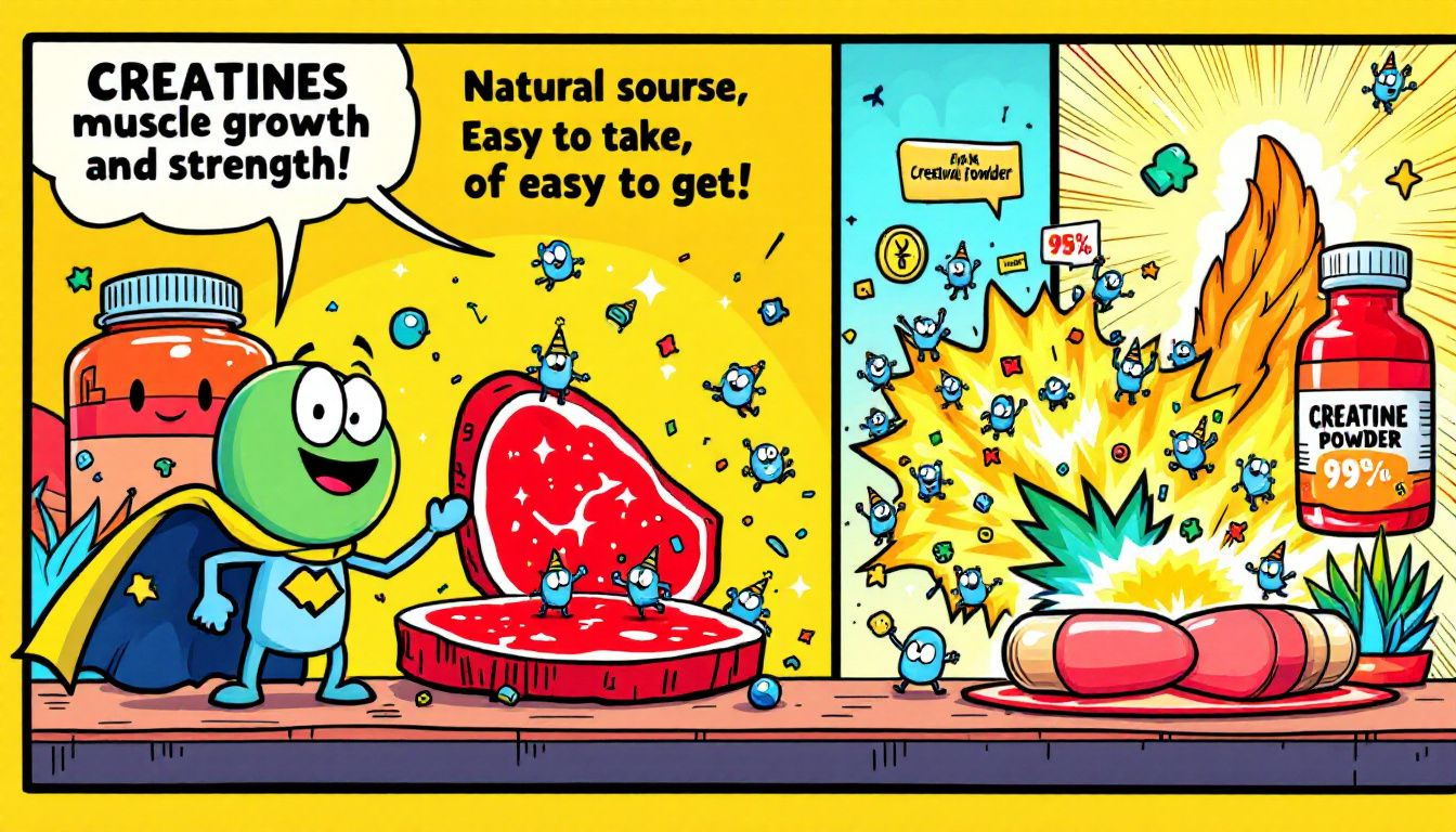 An illustration depicting various sources of creatine, including red meat and supplements.