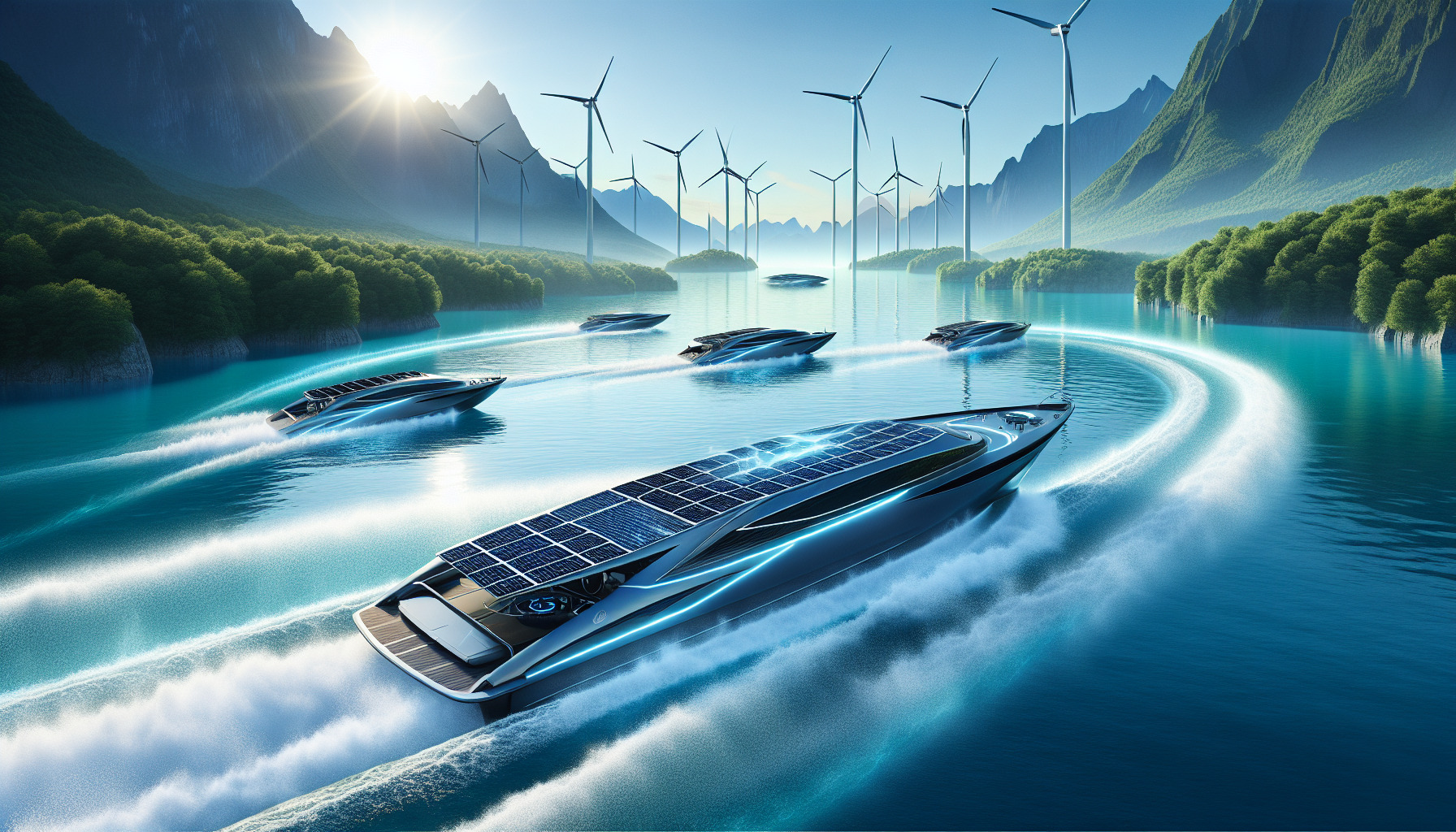 Nachhaltige Antriebstechnologien - Illustration von Elektro- und Hybridbooten auf dem Wasser