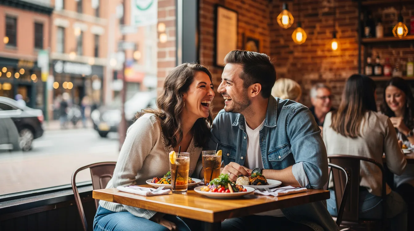 A couple enjoys a romantic date night at a cozy restaurant in Center City, Philadelphia, surrounded by a light-filled dining room. They share different dishes, including seafood and small plates, while sipping wine and engaging in intimate conversation, creating a memorable evening together.