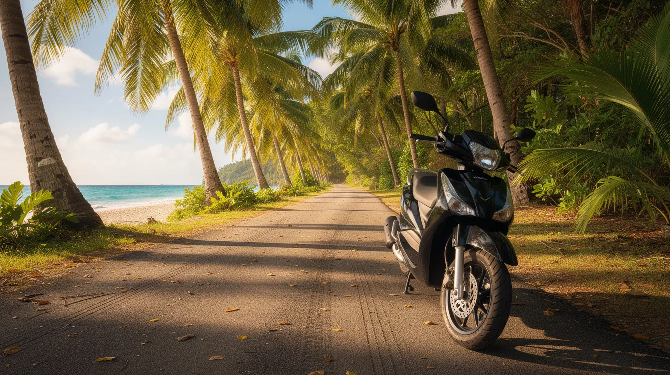 A colorful scooter is parked on a tropical beach road lined with tall palm trees, creating a picturesque scene that captures the essence of a relaxing getaway in Thailand. This image evokes the spirit of travel and adventure, reminding travelers to consider essential travel insurance for Thailand to cover unexpected events during their journey.