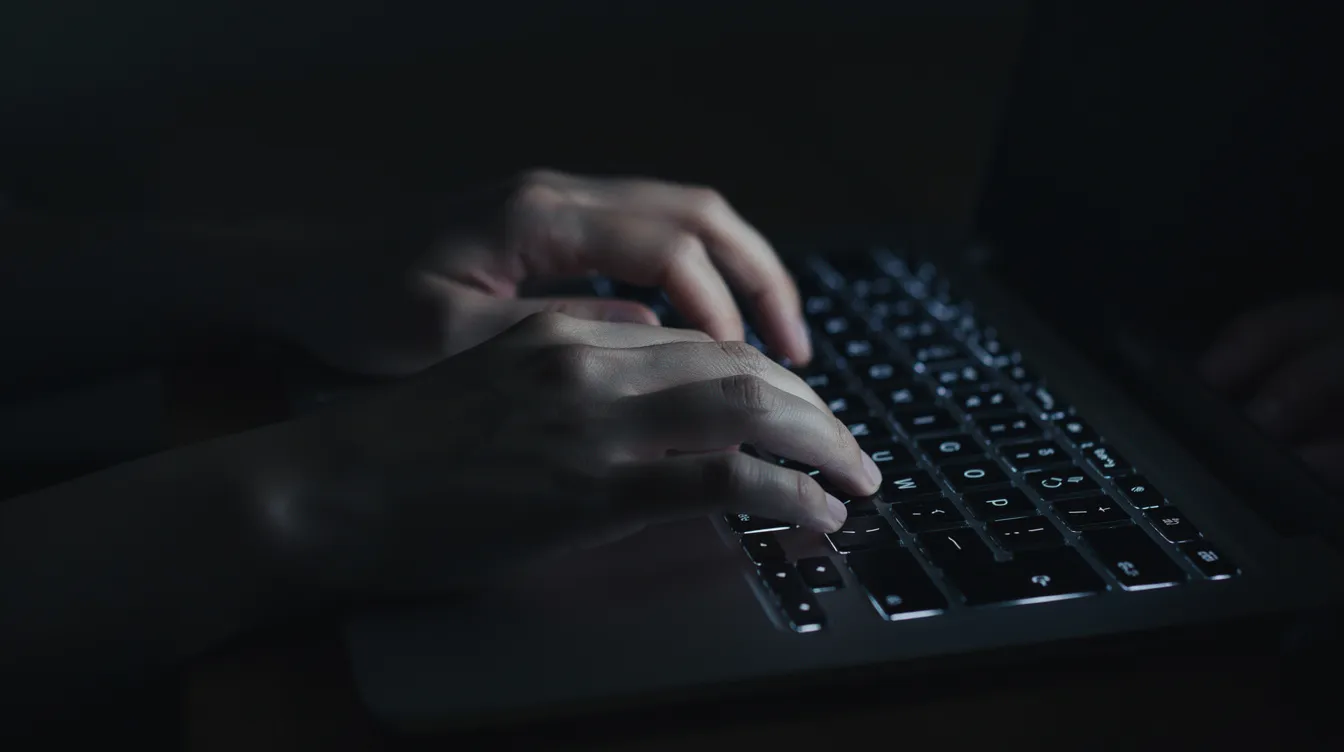 Na zdjęciu widać ręce piszące na klawiaturze laptopa w ciemnym pomieszczeniu, co może sugerować, że osoba ta może być zaangażowana w działania związane z oszustwami internetowymi lub próbami odzyskania swoich pieniędzy po padnięciu ofiarą cyberprzestępców. W tle można poczuć atmosferę tajemniczości, która często towarzyszy nielegalnym transakcjom online.