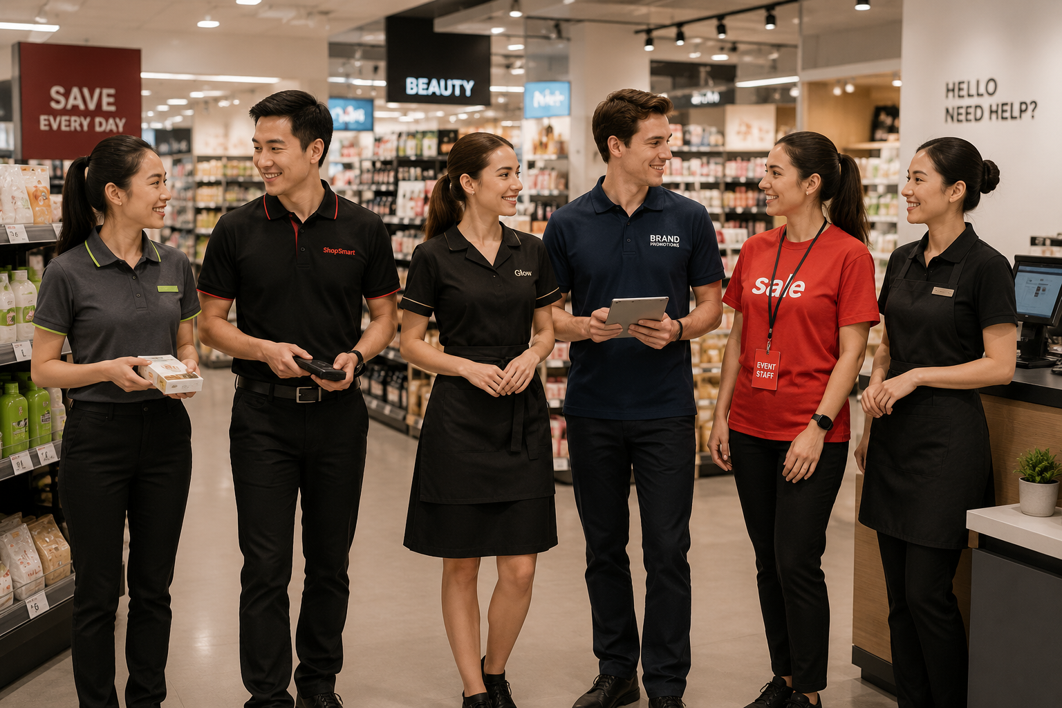 Retail uniforms for store employees, including branded polo shirts, T-shirts, dresses, and aprons for staff recognition