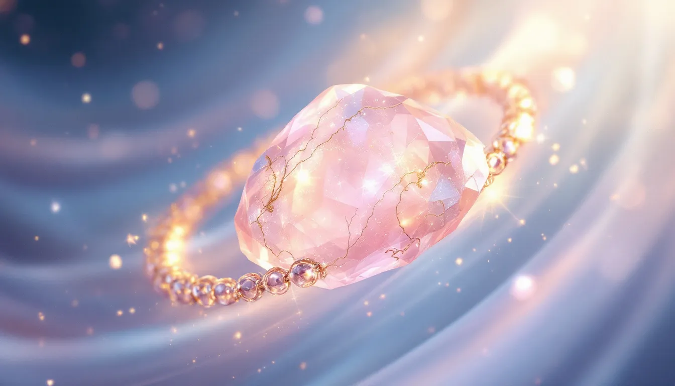 81a87a5d 3275 4b22 9621 3cd4f2e26fb5 A close-up of a rose quartz bracelet representing love and healing.