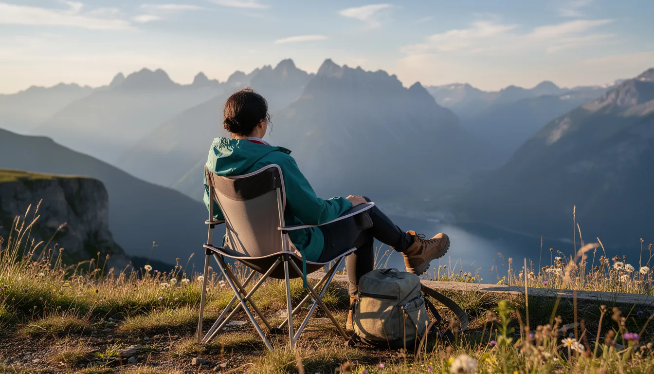 A solo hiker is sitting comfortably in a lightweight camping chair, enjoying a breathtaking view from a mountain overlook. The surrounding landscape features majestic peaks and lush greenery, perfect for a solo backpacking trip or outdoor adventure.