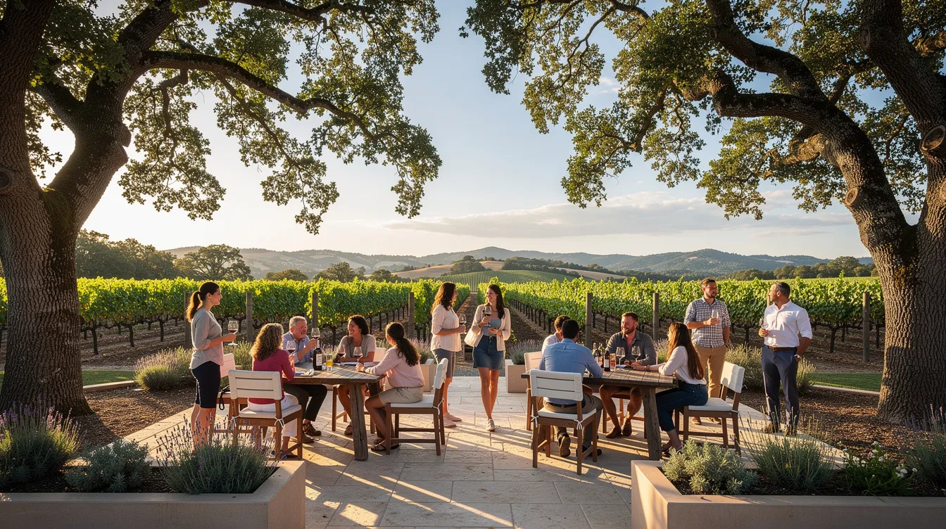 The image depicts an outdoor wine tasting patio in the Clarksburg wine country, where small groups of visitors enjoy sampling exceptional Chenin Blanc under the shade of mature oak trees, surrounded by rows of lush vineyards. The serene atmosphere is enhanced by cool breezes typical of the Sacramento River delta, creating a perfect setting for wine enthusiasts in this renowned Northern California wine region.