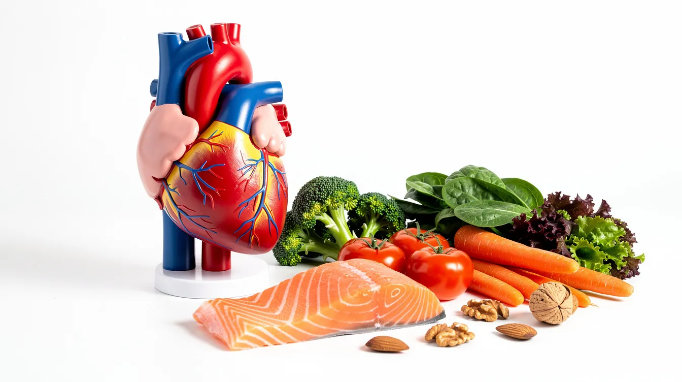 The image features a detailed anatomical model of a healthy heart placed next to an assortment of fresh vegetables and fish, symbolizing the importance of cardiovascular nutrition in maintaining heart health. This visual representation emphasizes the role of adequate vitamin D levels and proper nutrition in reducing cardiovascular risk and supporting overall health.