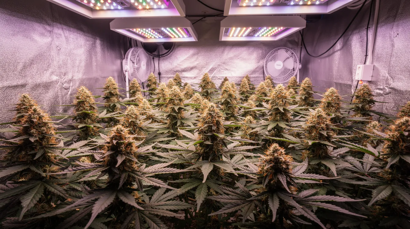 The image depicts an indoor cannabis grow room illuminated by LED panels that cast a purple-white light over rows of flowering plants, showcasing their dense buds and vibrant colors. This setup highlights the craft farmer's dedication to producing premium flower strains, such as galactic warheads and amnesia haze, creating a visually captivating and sensory experience.